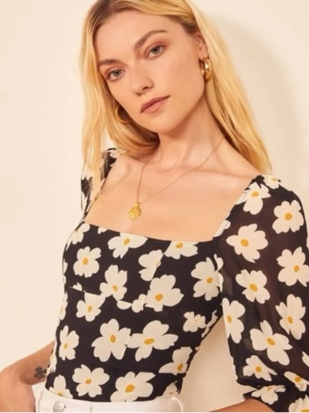 Reformation Georgia Square-Neck Puff Sleeve Top